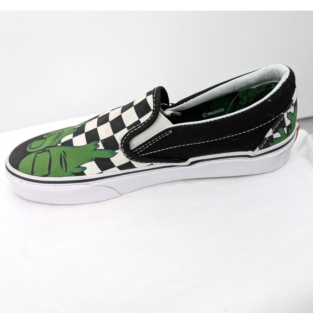 Vans Slip-On Sneakers Black White Green Checkerboard Graphic - Picture 6 of 10